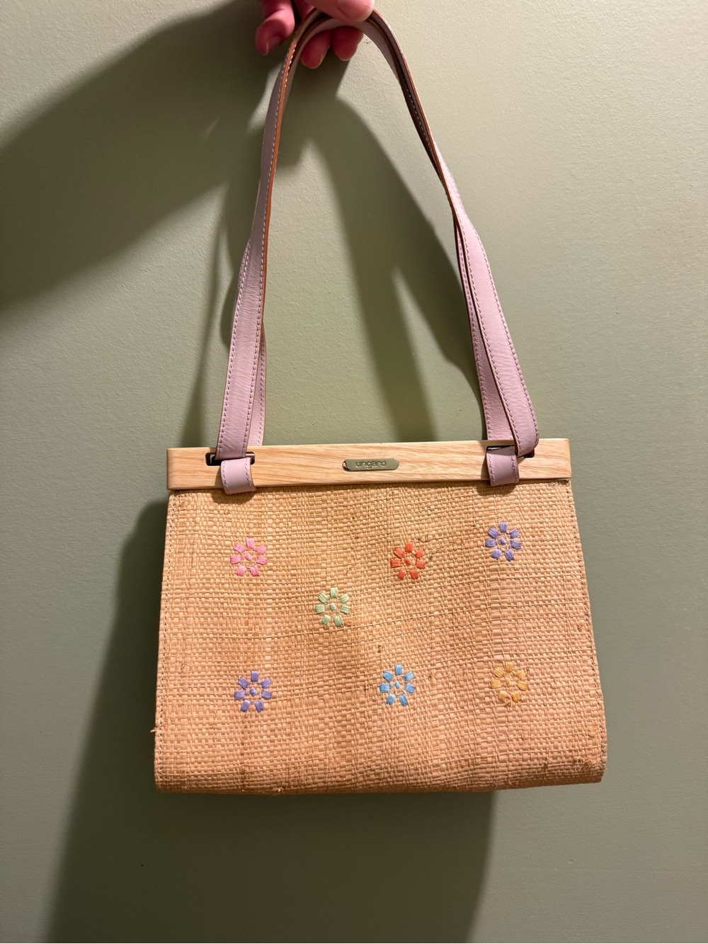 Emmanuel Ungaro Lilac-Handled Woven Straw Wood and Leather Embroidered Flowers
